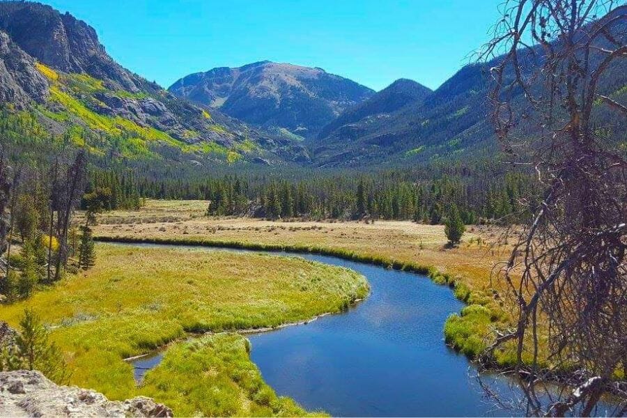 A picturesque view of Bear Creek flowing through grasslands, trees, and mountains