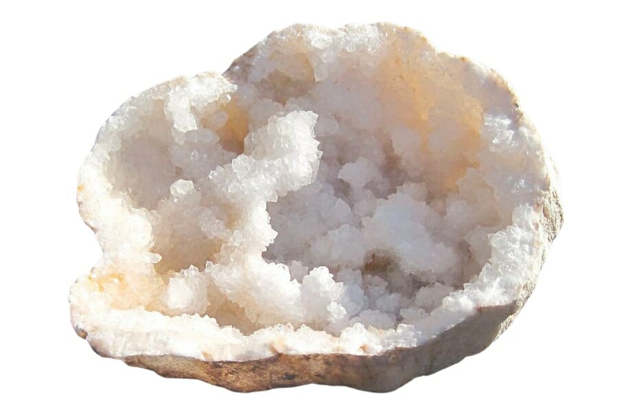 An open Calcite Geode showing its white, powder-like crystals