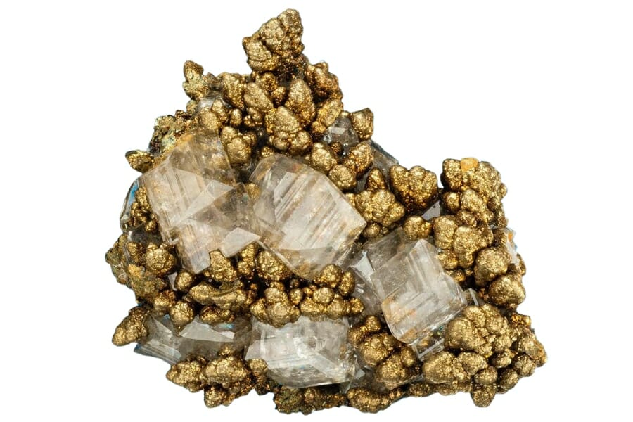 A bunch of transparent Calcite crystals on golden Marcasite