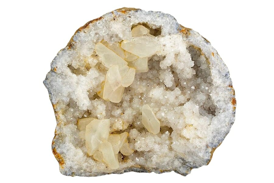 An open Geode displaying yellowish Calcite with white Quartz crystals