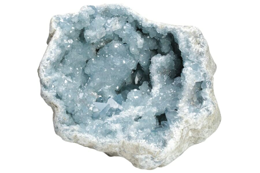 An open Celestite Geode showing its sparkling, bluish gray crystals