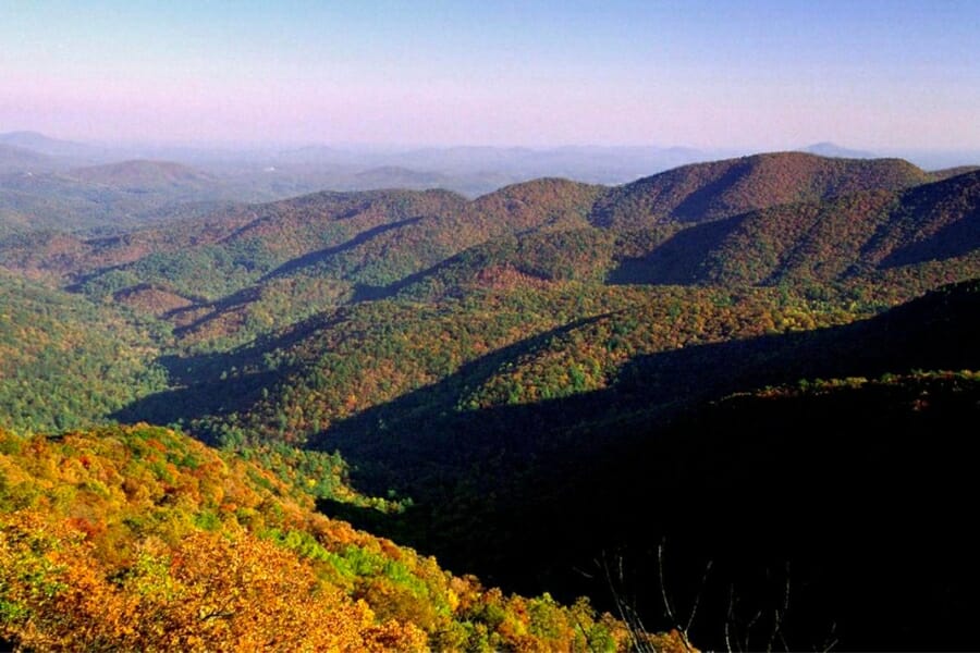 Aerial view of the landscapes of Dahlonega County, where Turkey Hill is