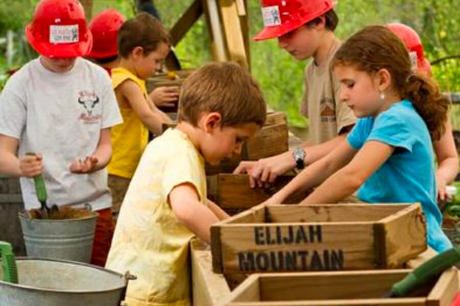 Children diligently sifting through dirt for gems at the Elijah Mountain Gem Mine