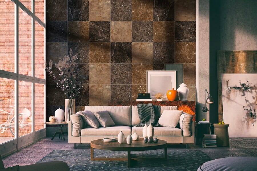Living room wall accented by light and dark Emperador Marble tiles