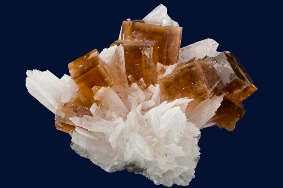 Brown cube Fluorite on white Celestite crystals