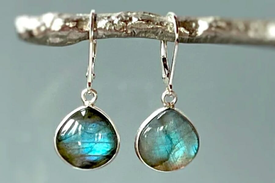 A pair of Labradorite-adorned dangling earrings hooked to a branch