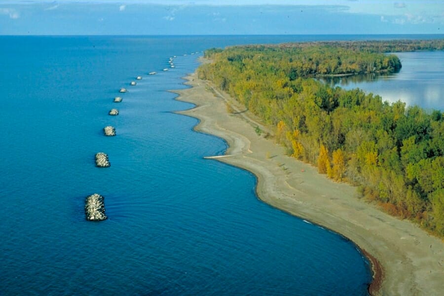 An aerial view of one of the beaches in Presque Isle