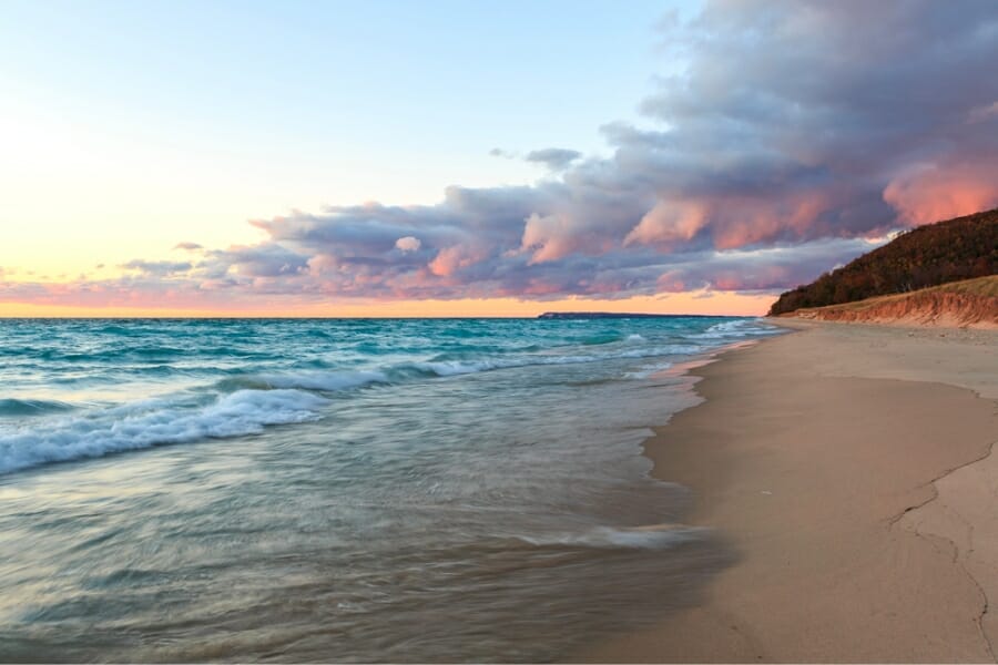 A view of one of the beaches of Traverse Bay during sunset