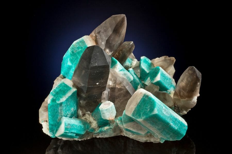 A beautiful amazonite with smoky quartz crystals