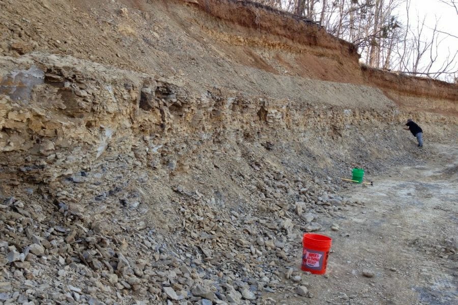 Rock formation of Keokuk Geode Beds being explored by a rockhound