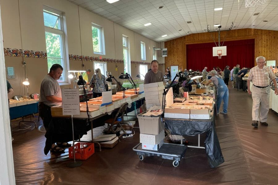 Pennsylvania Earth Sciences Association rock show full of displayed mineral and rock specimens