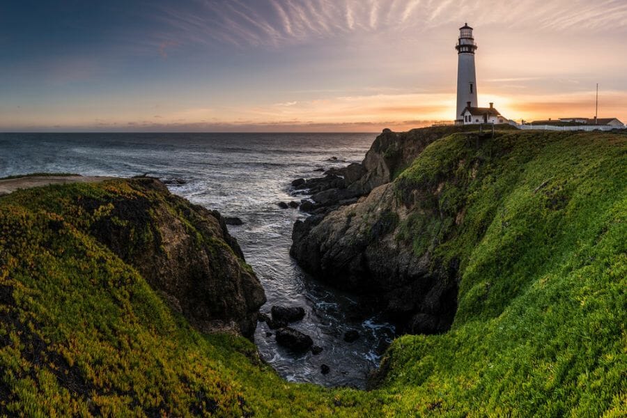 A lighthouse on a cliff at Pigeon Point where rocks and minerals can be located