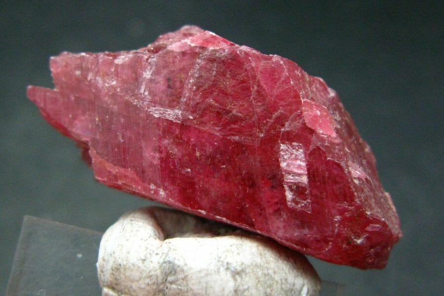 An elegant deep red rhodonite sitting on a white rock