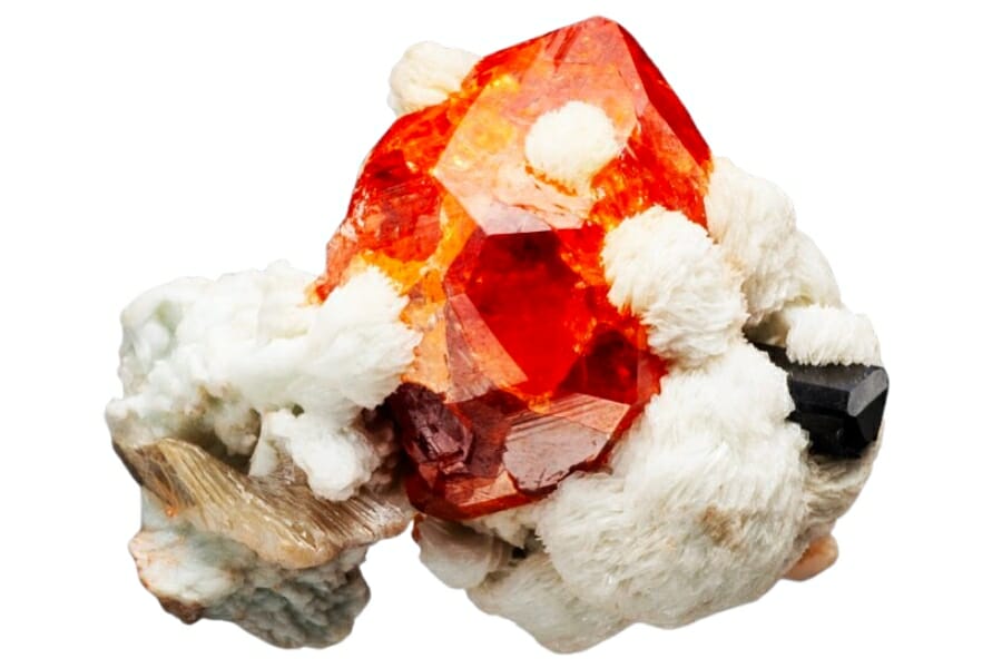 Bright orange Spessartine Garnet with black Schorl and white Albite