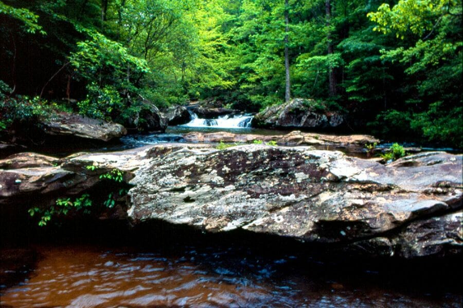 Talladega Creek with big rocks where you can find various minerals