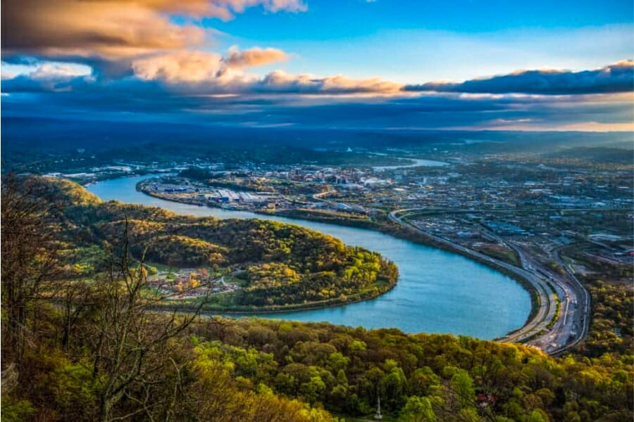 A stunning aerial view of the Tennessee River and its surrounding landscape