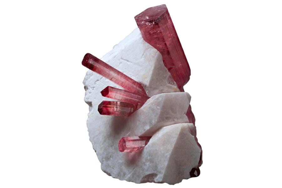 Pink Tourmaline crystals on white Quartz