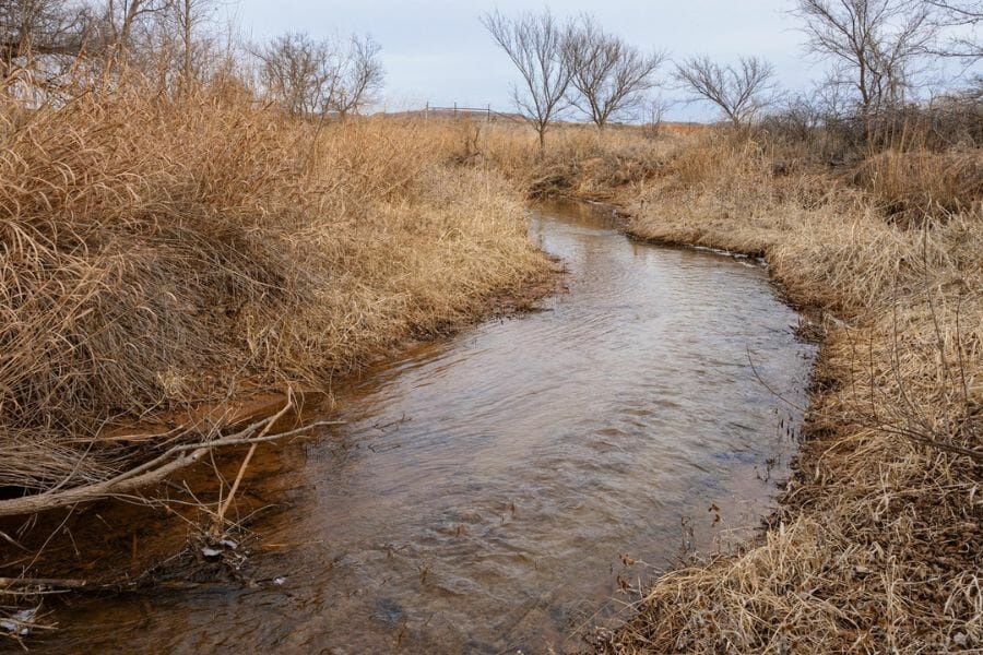 Flowing Washita River with dry grass and trees