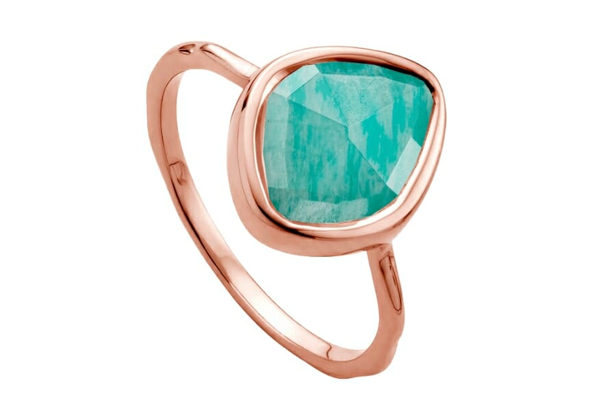 A stunning blue green Amazonite Palm Stone set as center stone in a ring