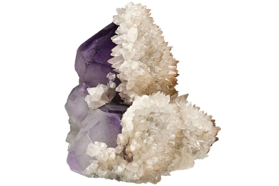 Stunning purple Amethyst specimen with an overgrowth of Hematite-tinged Calcite crystals