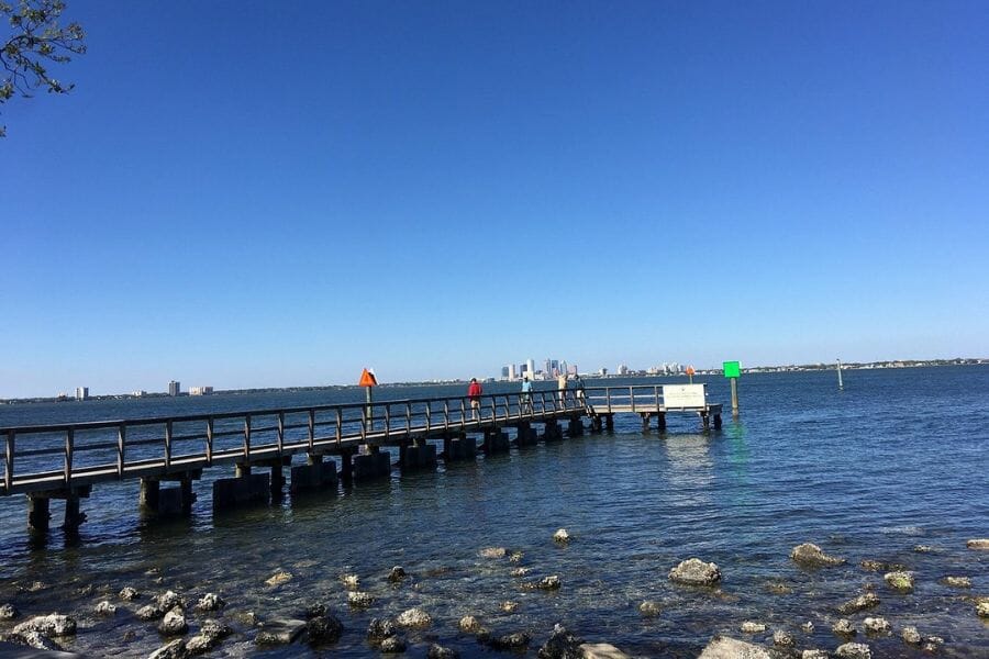 Rocky shores at Ballast Point with a dock where you can find agates