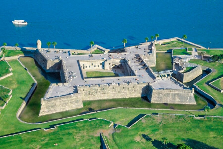 Aerial view of the Castillo de San Marcos, a masonry fort in St. Augustine, Florida made of Coquina