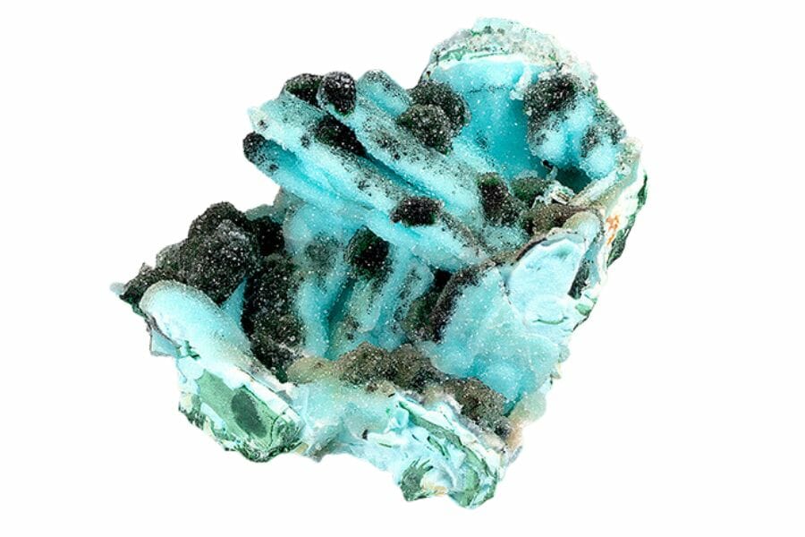 A gorgeous rare blue green chrysocolla mineral with spots of black and streaks of white