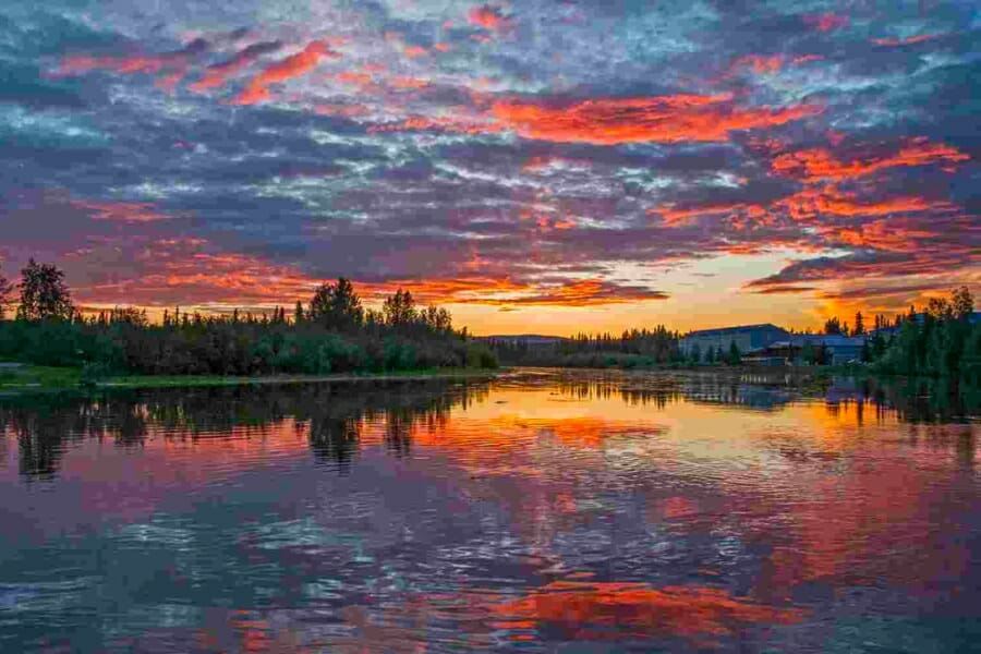 Midnight sun view of the waterways and landscapes of Fairbanks