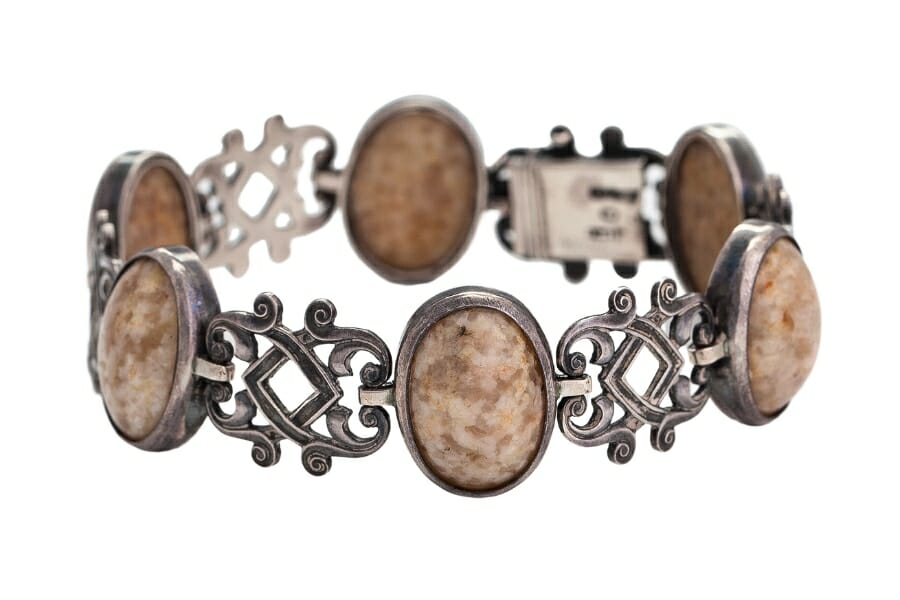 Stunning brownish Feldspar pieces adorning a silver bracelet