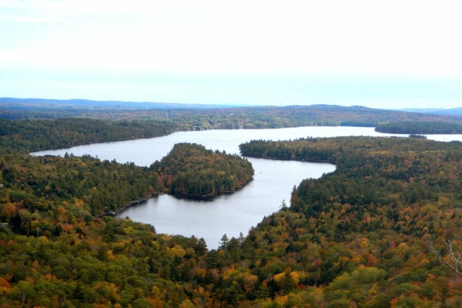 An aerial view of the lake and surrounding trees taken from the French Mountain