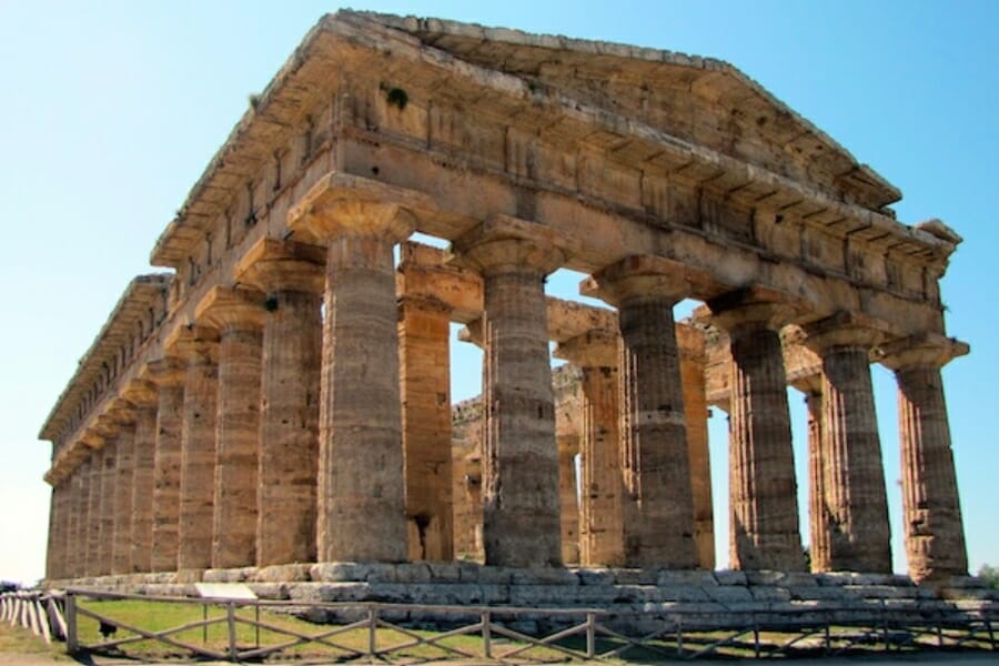 A Greek temple in Paestum, Italy made of Tufa
