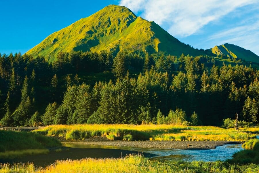 Stunning view of the picturesque green mountain and lush forests of Kodiak Island