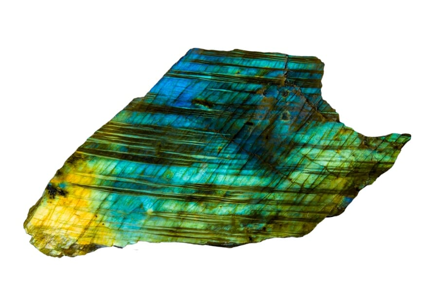Shiny Labradorite specimen with a play of yellow, green, blue, and black hues