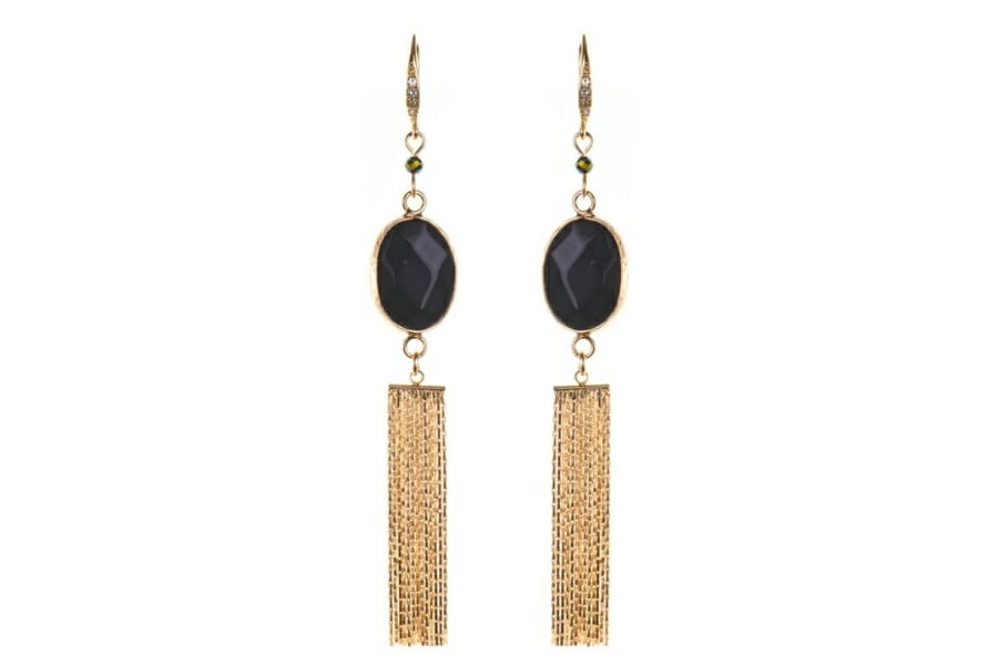 A pair of gold tassel earrings with faceted, round Magnetite