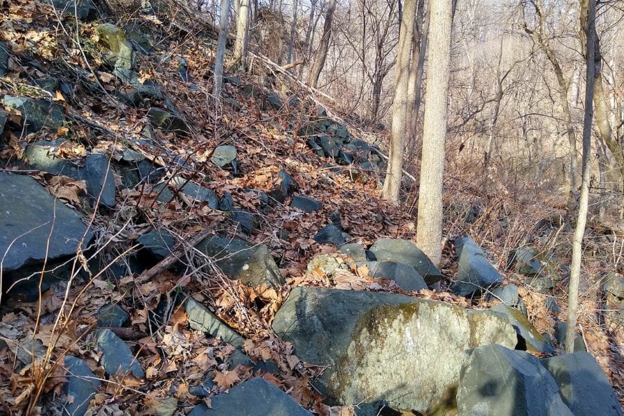 Huge rocks at the Maryland Mine where amethyst crystals may be located