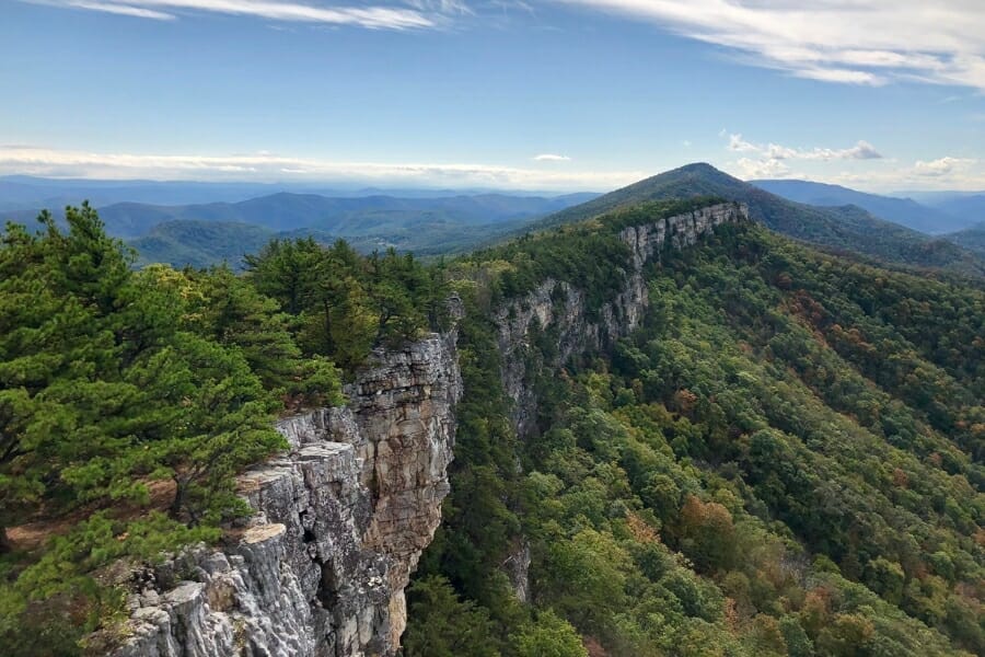 Aerial view of the entire North Fork Mountain showing its gap and forested areas