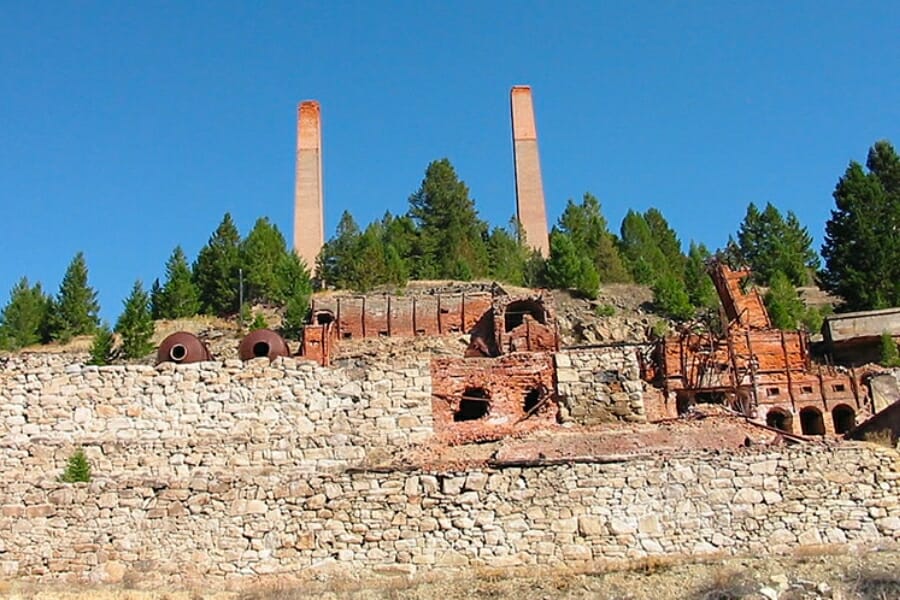 Rock formations and old structures at an abandoned silver mine at Philipsburg