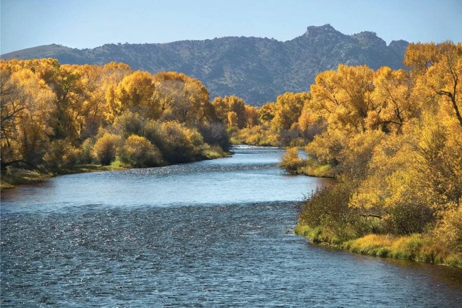 A picturesque view of the Platte River with yellow green trees on both sides and a mountain at the background