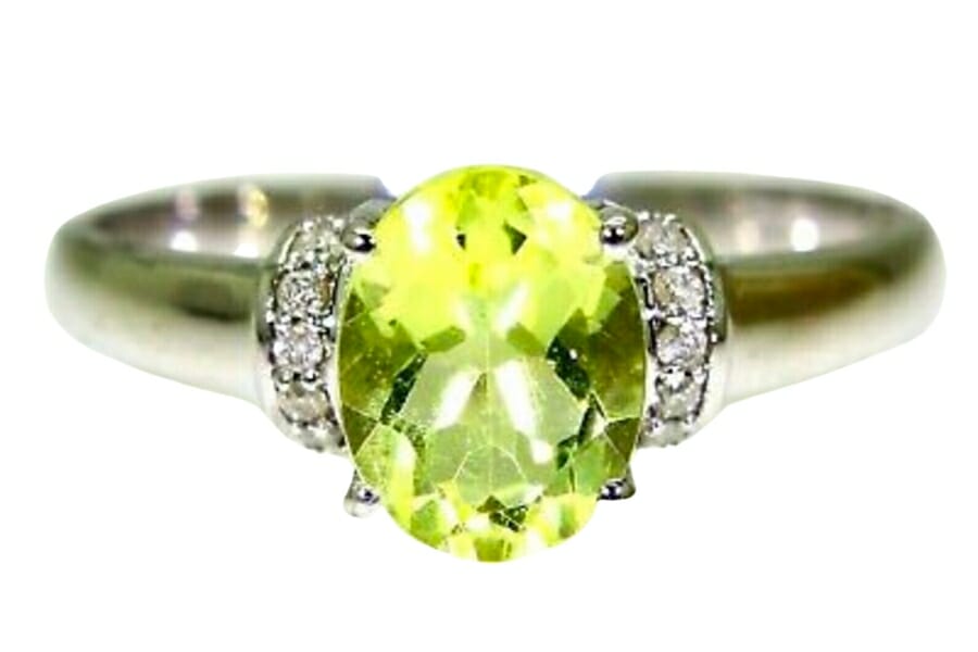 Sparkling yellow green Sanidine set as gold ring center stone