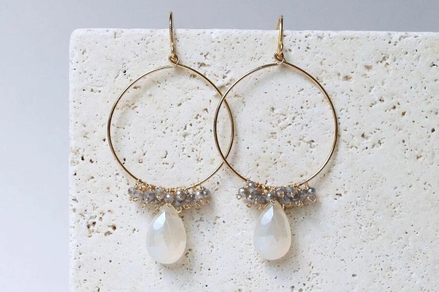 Dainty white chalcedony teardrop earrings with gold hoops