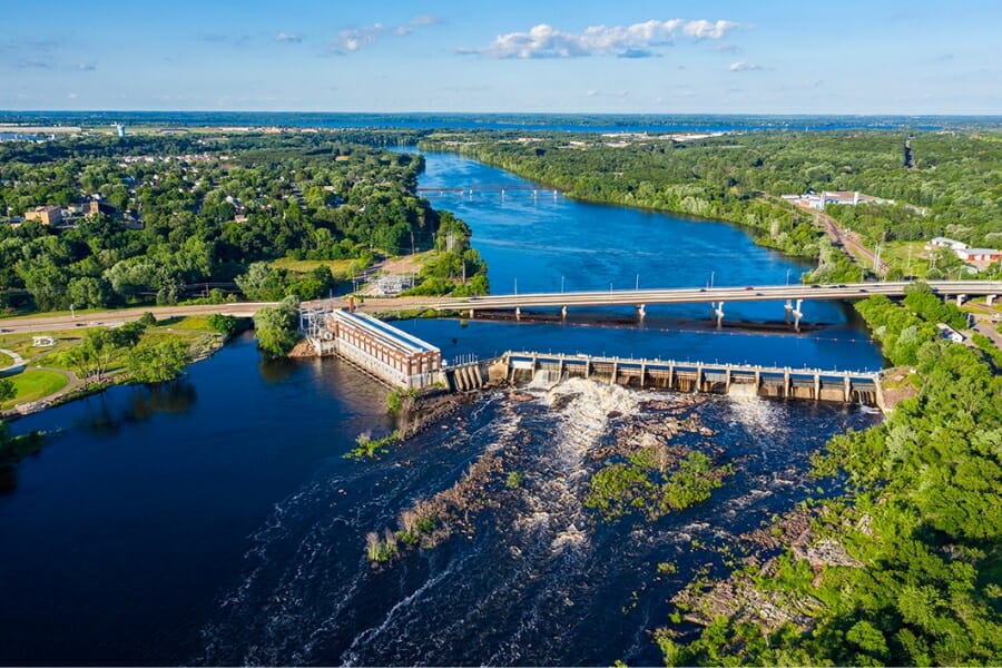 Stunning aerial view of Chippewa Falls surrounded by the Chippewa River