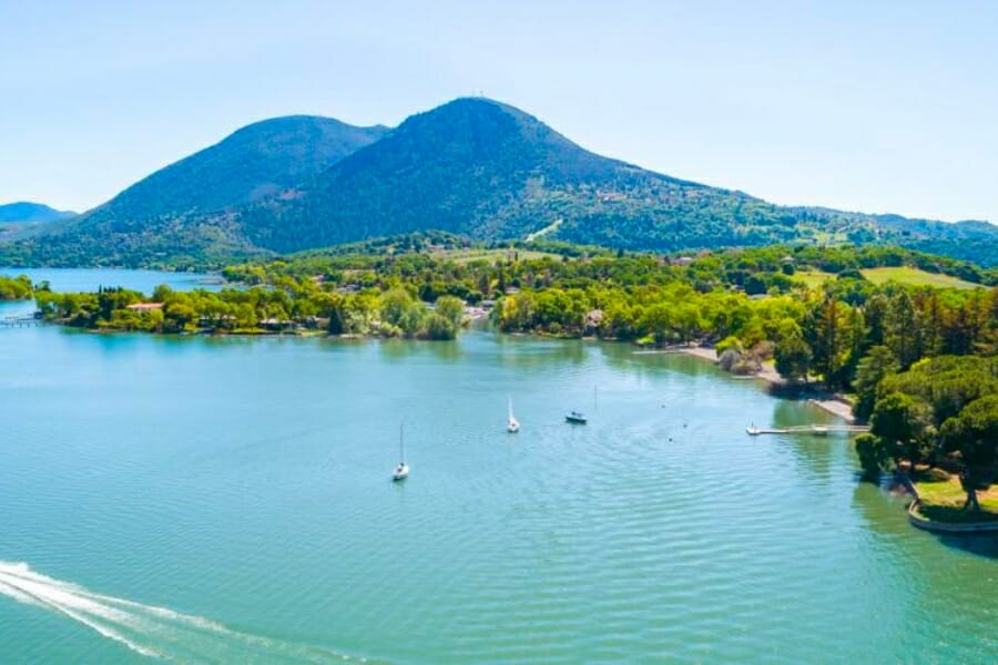 Stunning aerial wide view of the Clear Lake and its surrounding landscapes and mountains