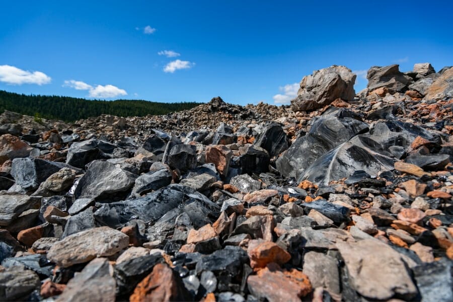 Close-up look at the trail at Glass Mountains showing pieces of Obsidian