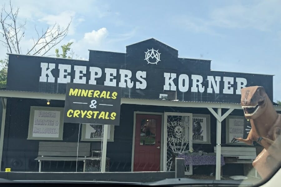 Keepers Korner rock shop in Alabama where various petrified wood specimens can be bought