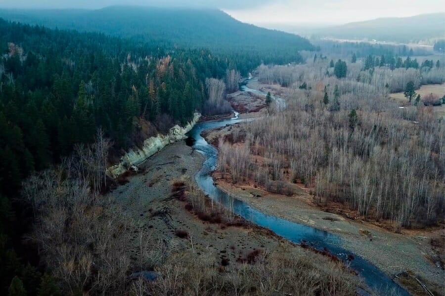 Aerial view of the Teanaway River, one of the agate-bearing sites in Kittitas County