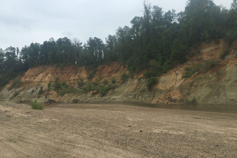 Cliffs filled with trees towering over the McCall River where agates are abundant