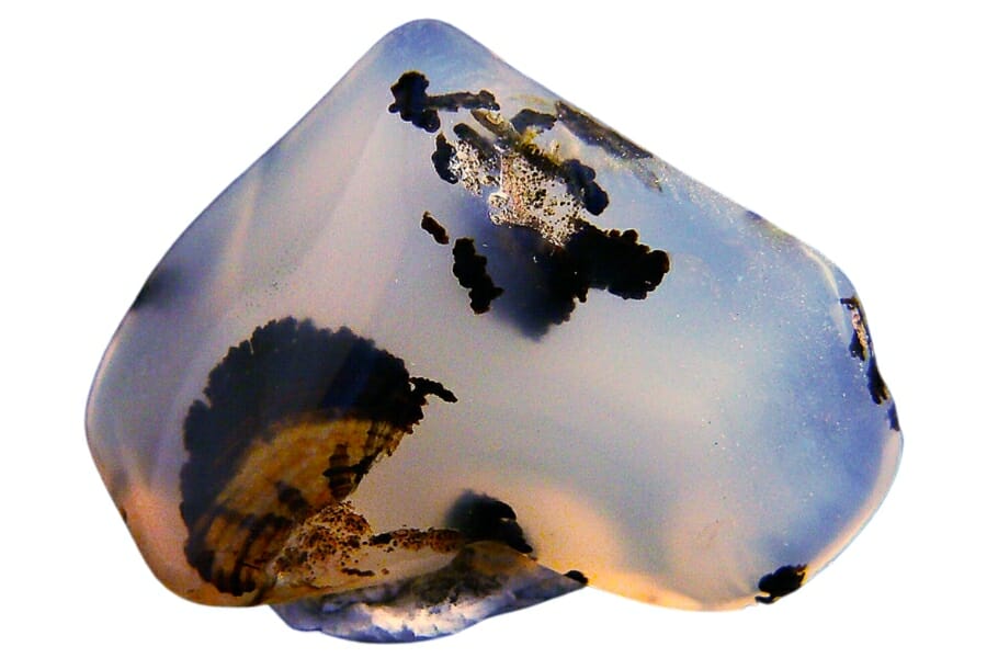 Close-up look at a stunning piece of Montana moss agate showing clear moss-like inclusions