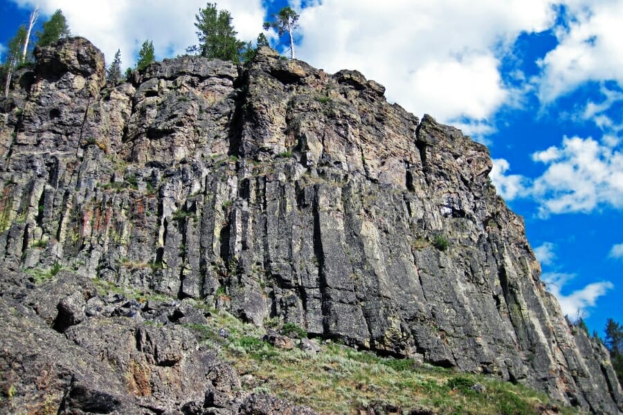 Stunning view of the impressive Obsidian lava flow formation at the Obsidian Cliff