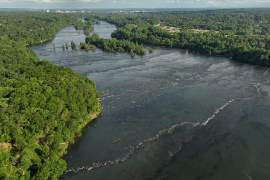 The huge stretch of the Savannah River flowing through the state surrounded but lush green forests