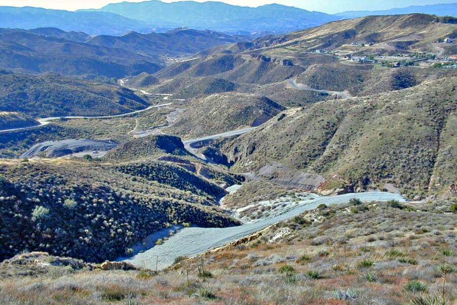 Aerial view of the interesting terrain of Tick Canyon